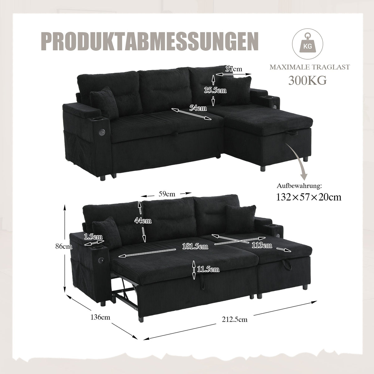 3-Seater Corduroy Sofa Sleeper Hydraulic Chaise Storage Cup Holders USB-C Corduroy