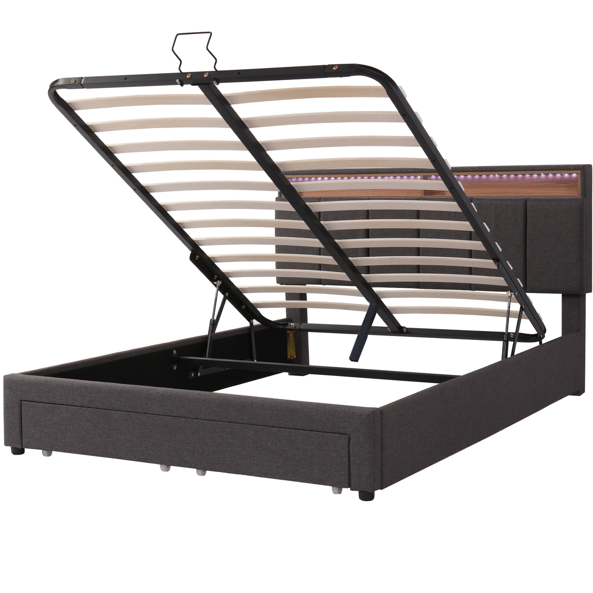Upholstered Storage Bed 140x200cm LED Light & Drawers, Grey Linen