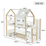 Bunk Bed, Storage Ladder House Bed with Safety Gate, Window & Roof, Pine+MDF White+Natural, 90x200cm