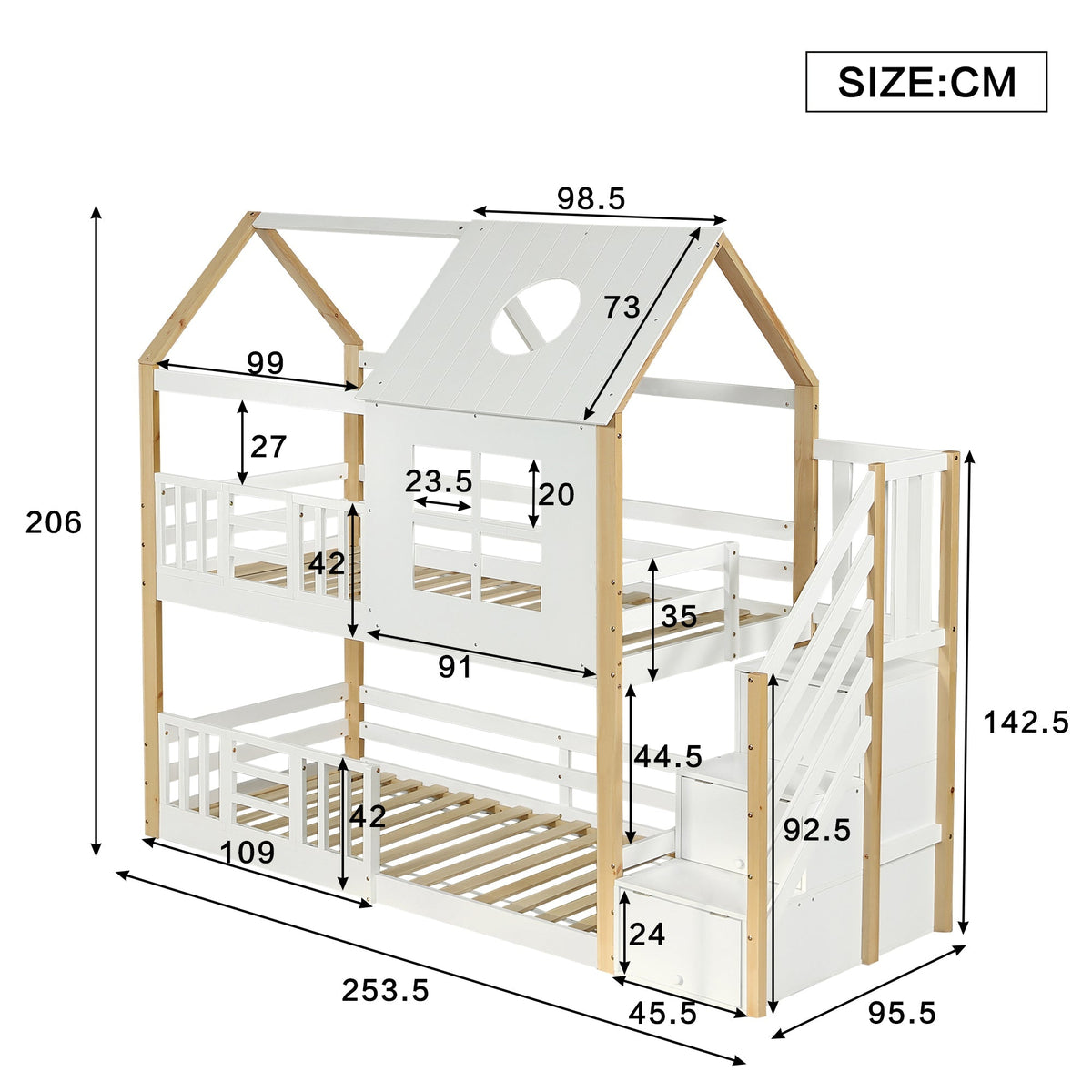 Bunk Bed, Storage Ladder House Bed with Safety Gate, Window & Roof, Pine+MDF White+Natural, 90x200cm