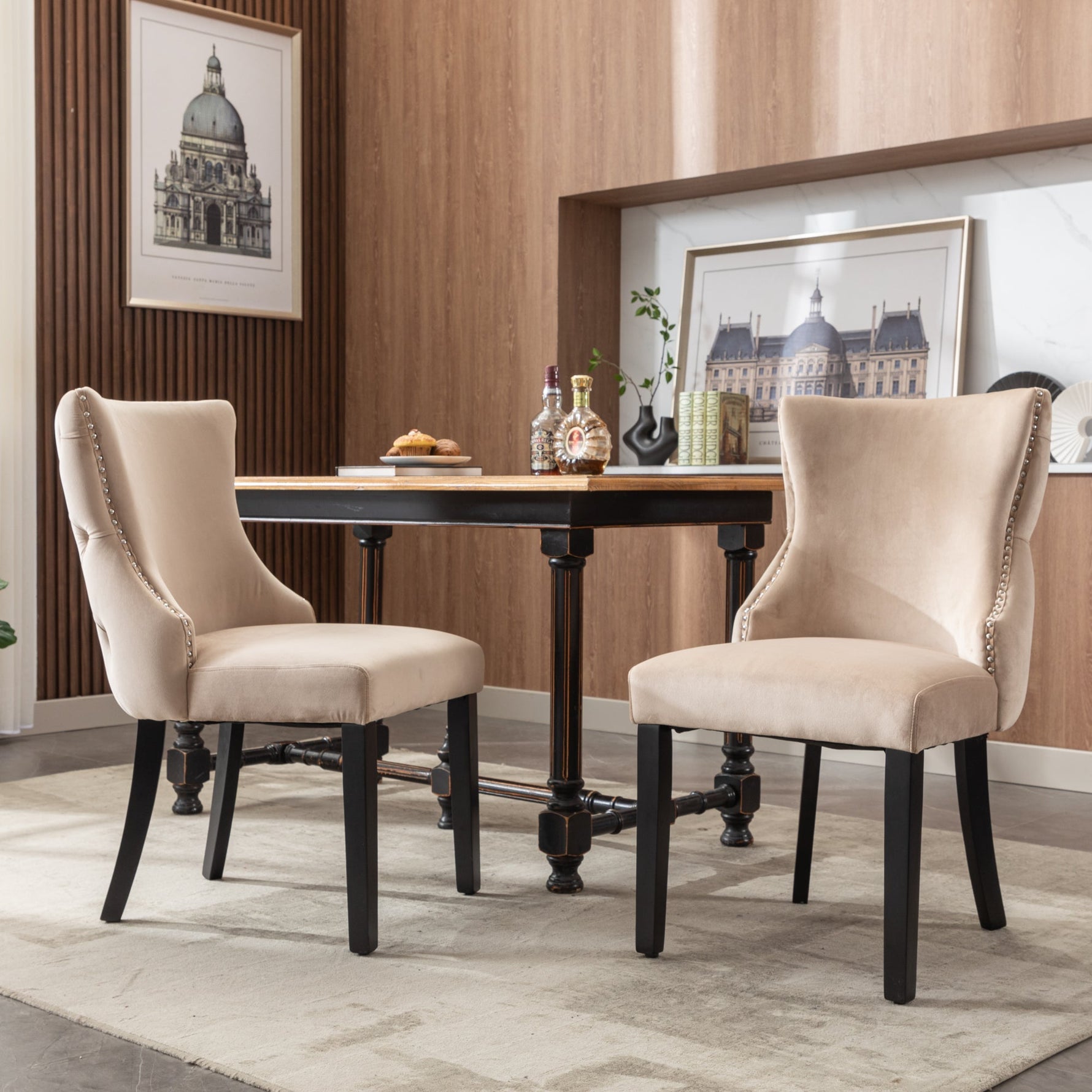 Dining Chair Set of 2 Button Tufting Solid Wood Frame Beige Velvet