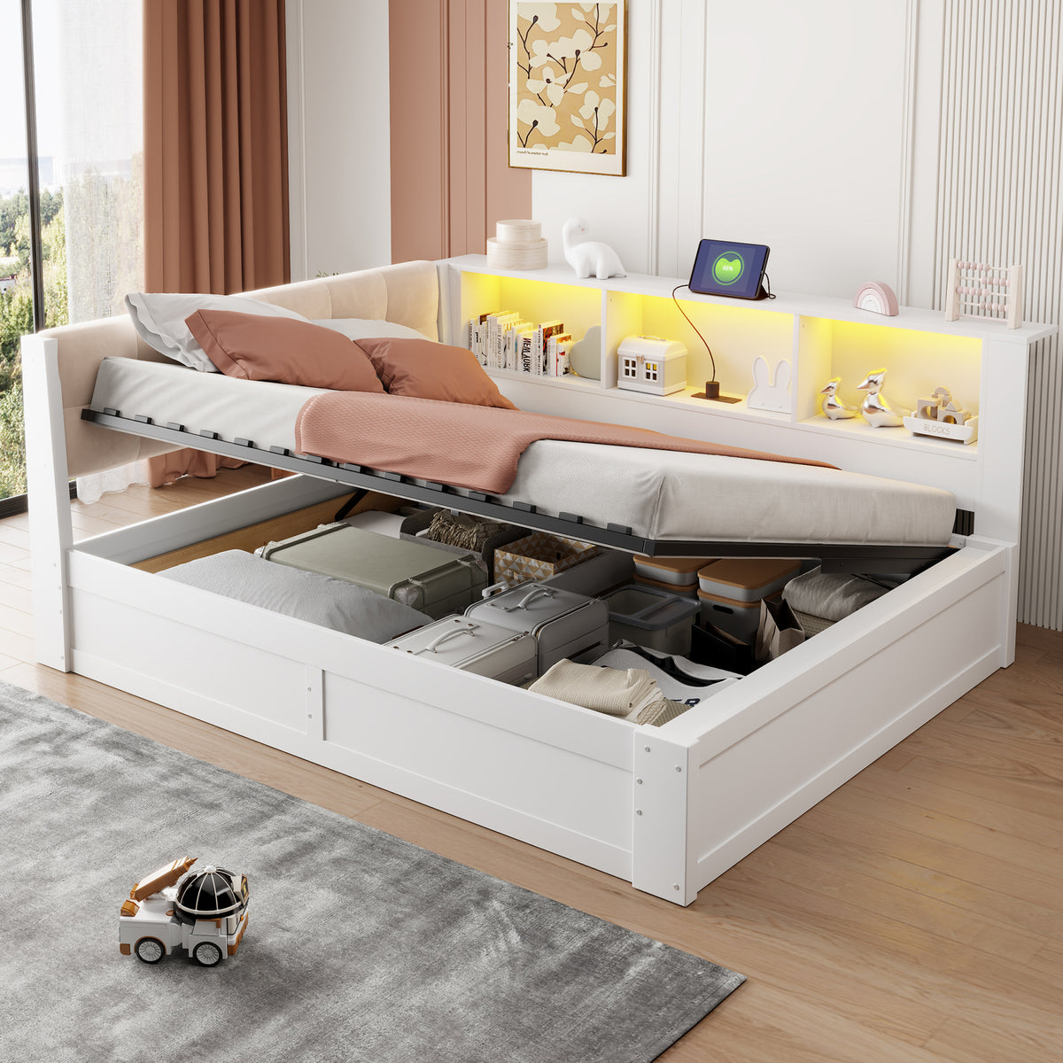Daybed Frame 140x200cm with LED & Storage, White Pine Wood