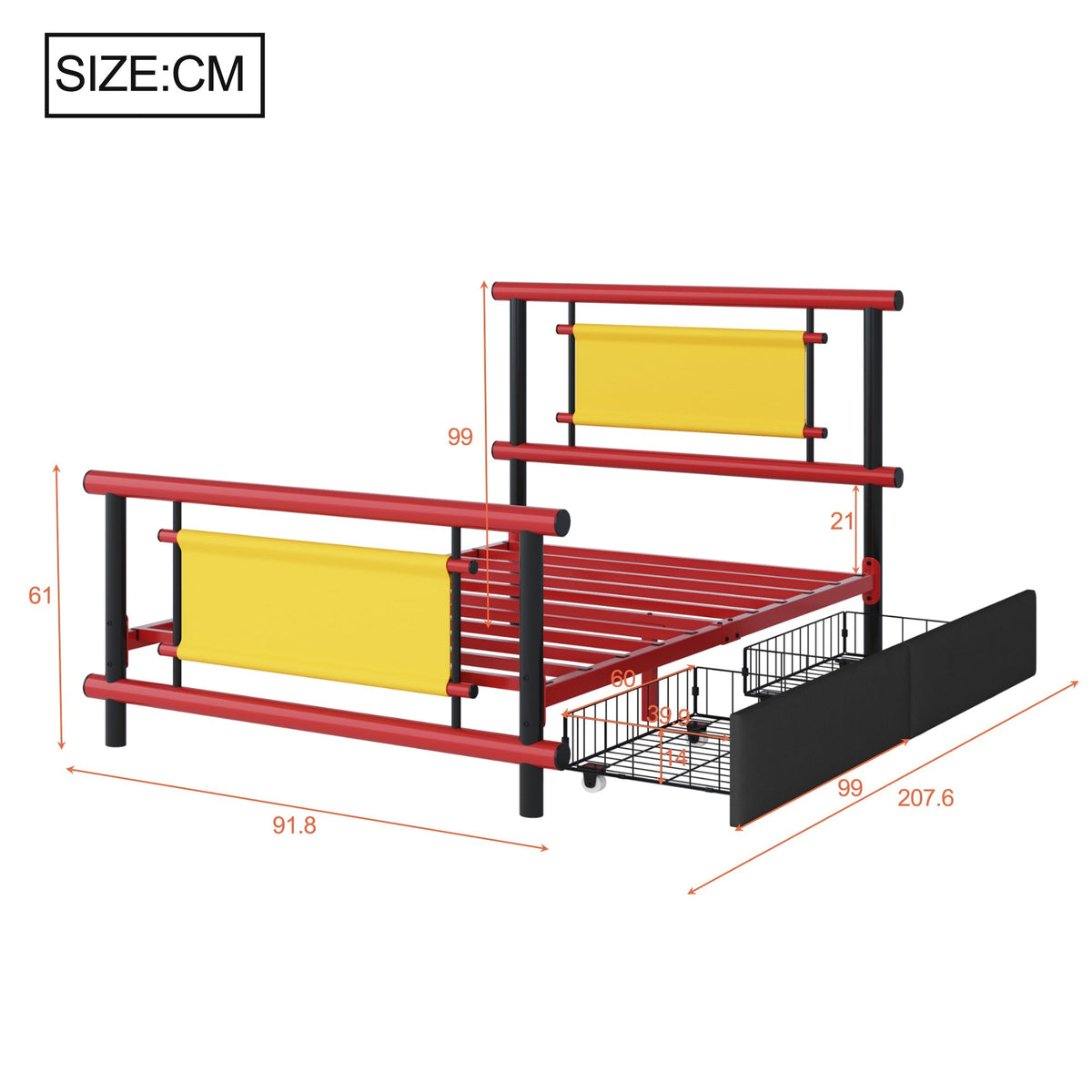 Metal Platform Bed with Drawers and Sturdy Steel Construction, 90x200cm, Red Metal