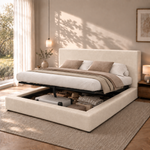 Upholstered Double Bed 180x200cm, Hydraulic Storage, Beige Chenille