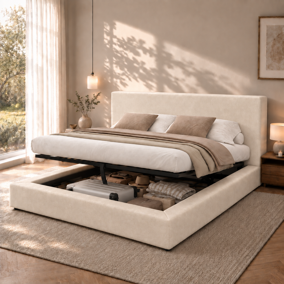 Upholstered Double Bed 180x200cm, Hydraulic Storage, Beige Chenille