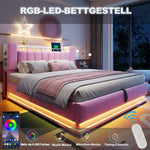 Smart Upholstered Bed with LED Lighting, USB and Hydraulic Storage, 180 x 200 cm, Pink Velvet