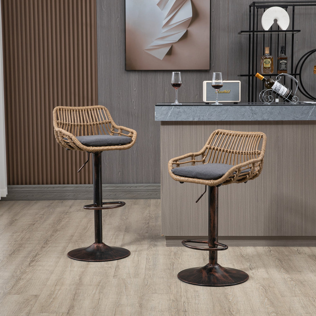 Modern Bar Stool Set of 2, Adjustable, Footrest, Gray