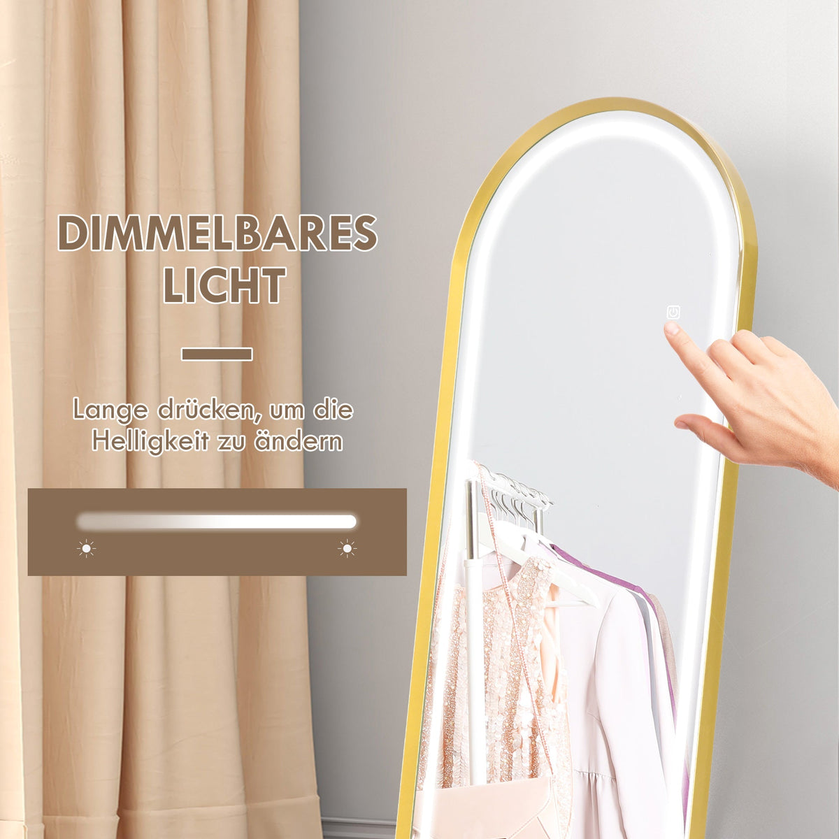 Full-Length Mirror, Dimmable LED, Wall & Standing, Touch Switch, Gold