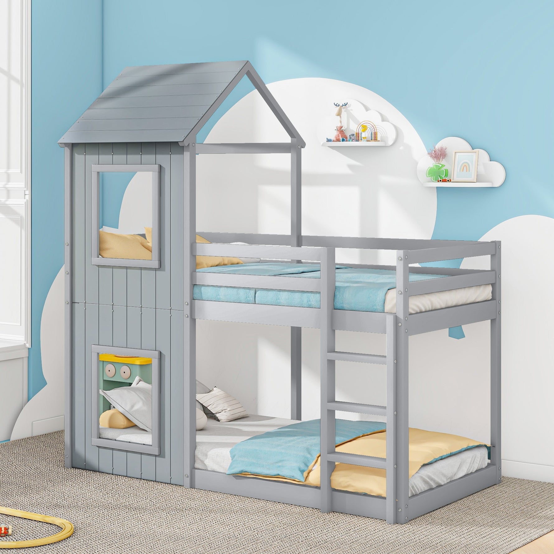 Bunk Bed 90x200cm House Bed with Ladder and Canopy Solid Wood Grey