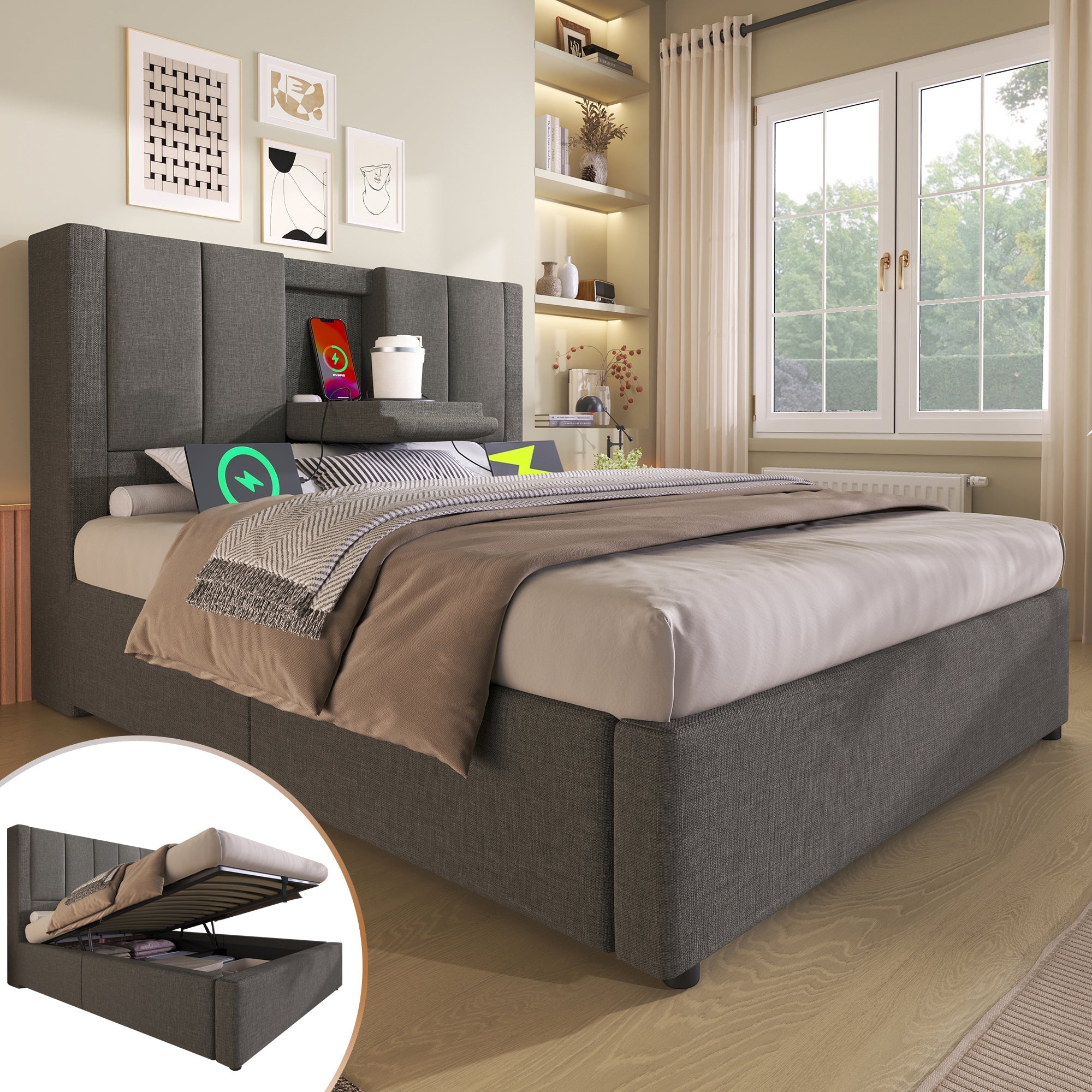 Upholstered Single Bed 90x200cm Hydraulic Storage Cup Holder Charging Station Linen Grey