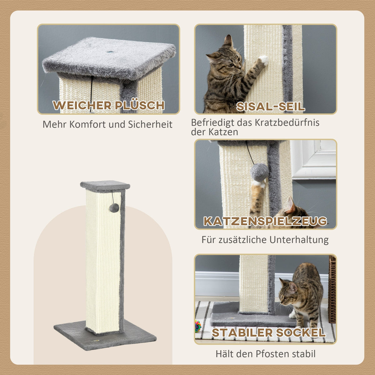 Sisal Scratching Post, 81cm high, play ball, for cats up to 5kg, Grey/Cream