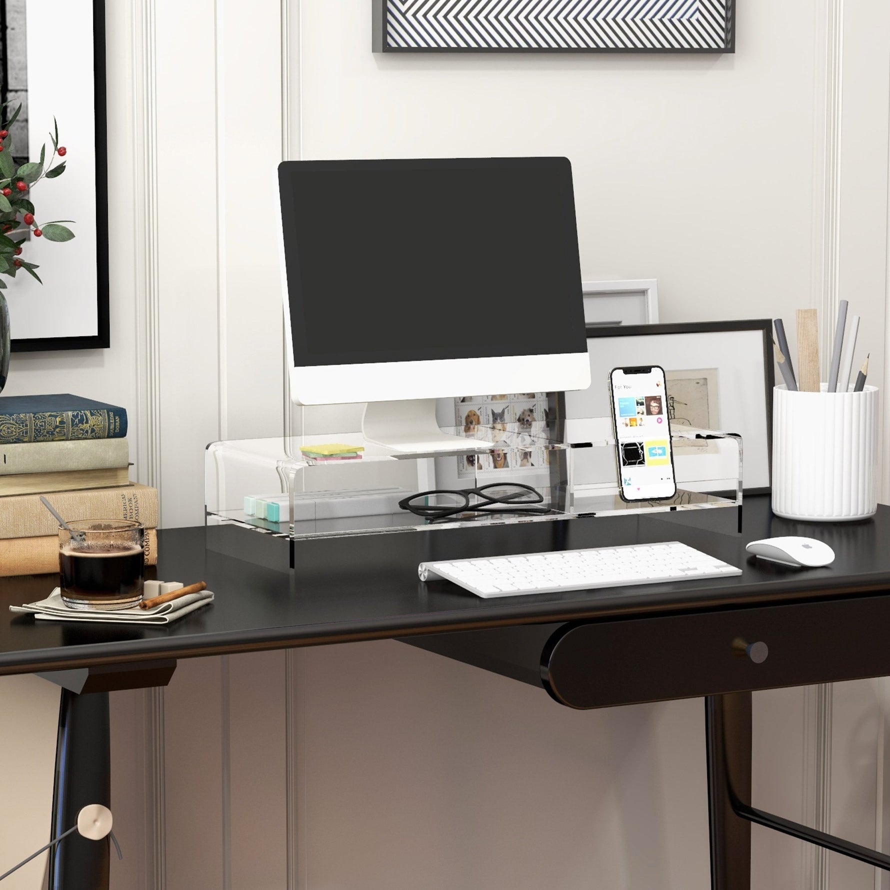 Monitor Stand with Keyboard Compartment 2 Tiers for 24 Inch - Transparent Acrylic