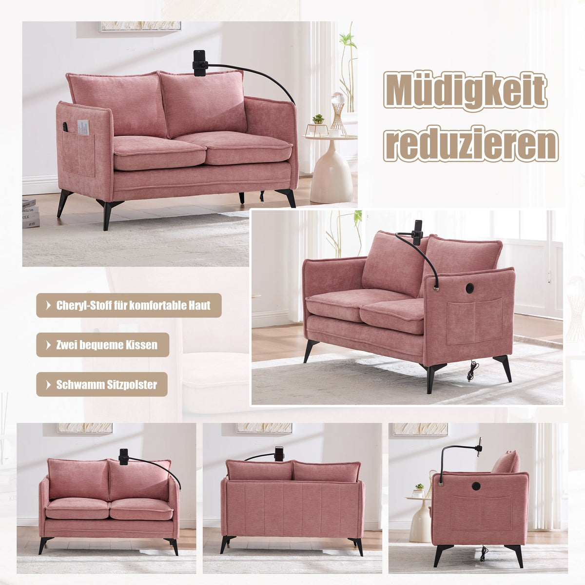 Modern Double Sofa with Storage & Adjustable Phone Holder, Fabric