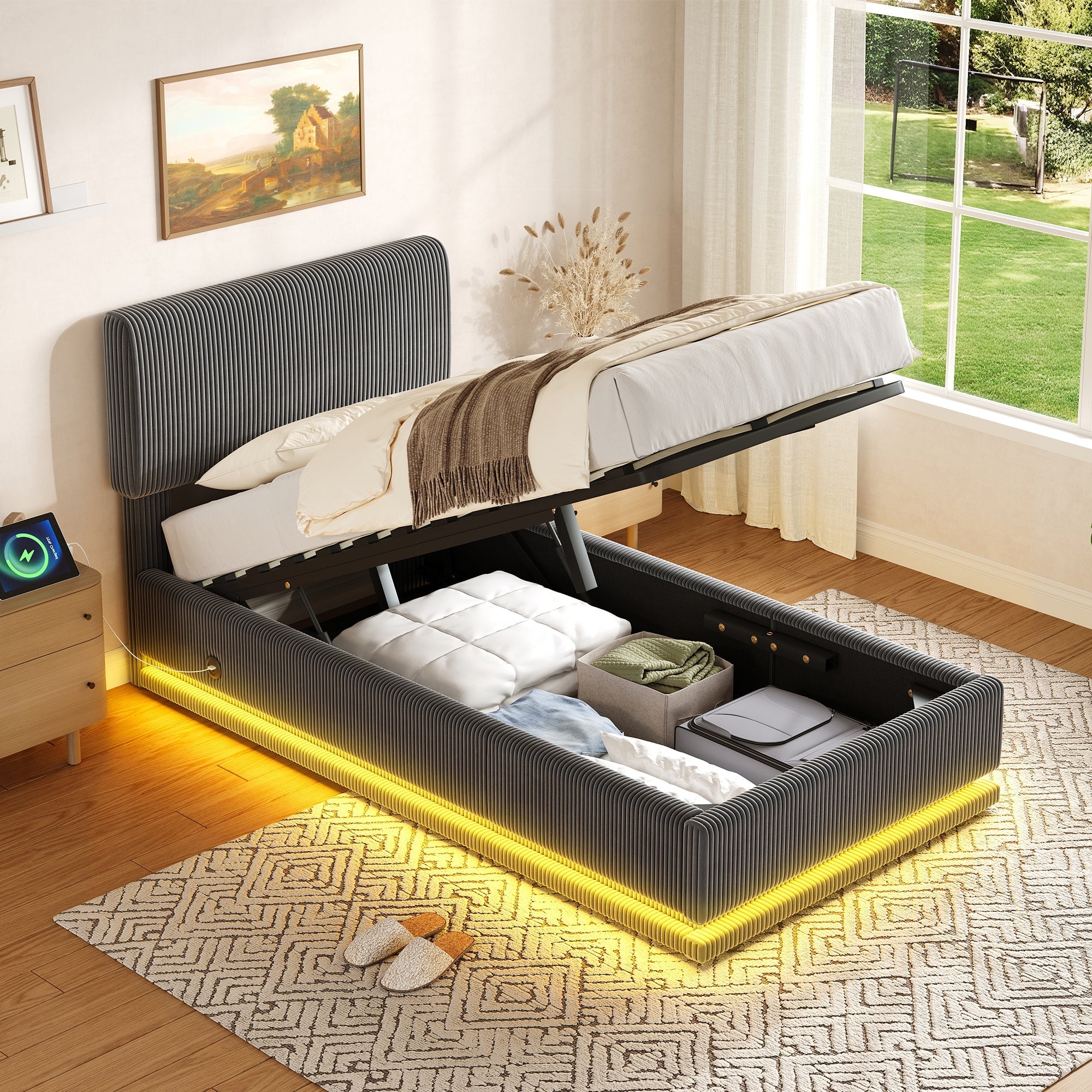 Modern Upholstered Bed with LED, USB-C Charging and Storage, 90x200, Gray Corduroy