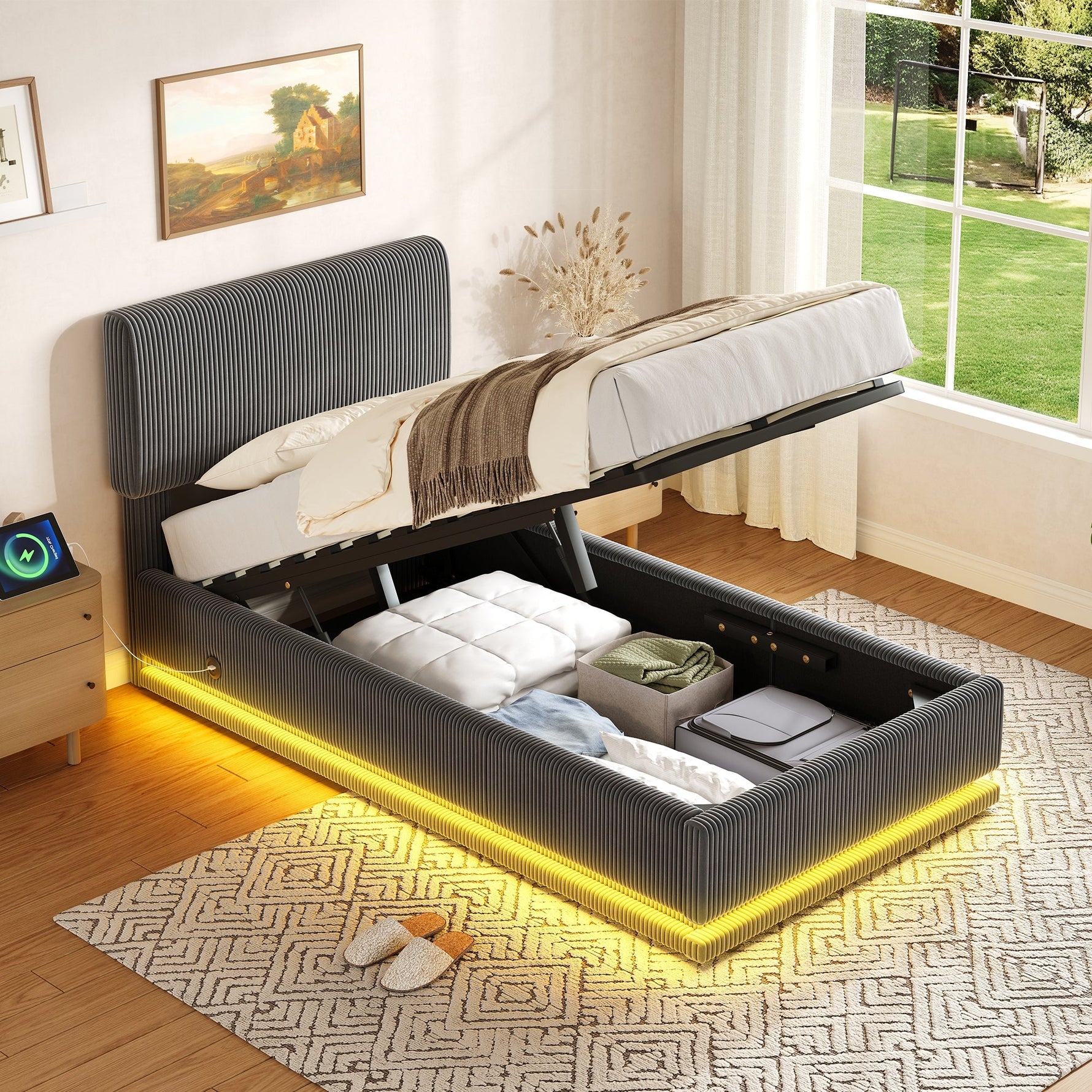 Modern Upholstered Bed with LED, USB-C Charging and Storage, 90x200, Gray Corduroy