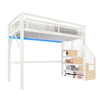 Loft Bed 90x200cm with LED & Storage Staircase - White Iron Frame