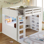 Loft Bed 140x200cm LED Lights Wardrobe Desk Drawers Storage - White