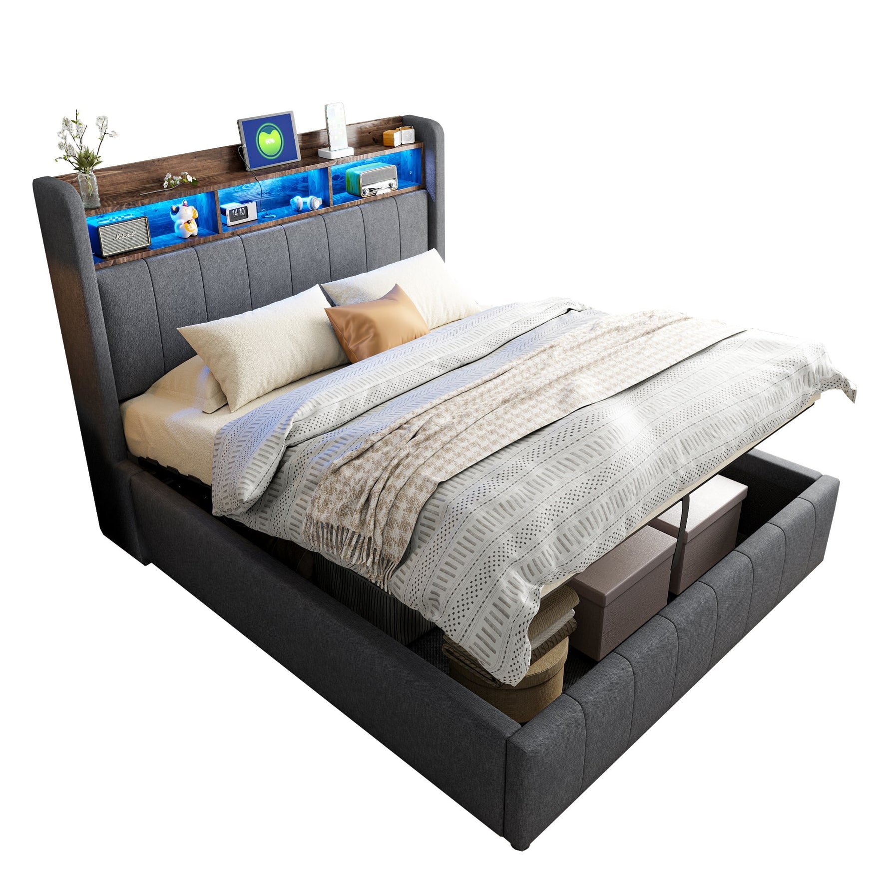 Upholstered Bed 140x200cm, LED & USB, Hydraulic Storage, Grey Linen