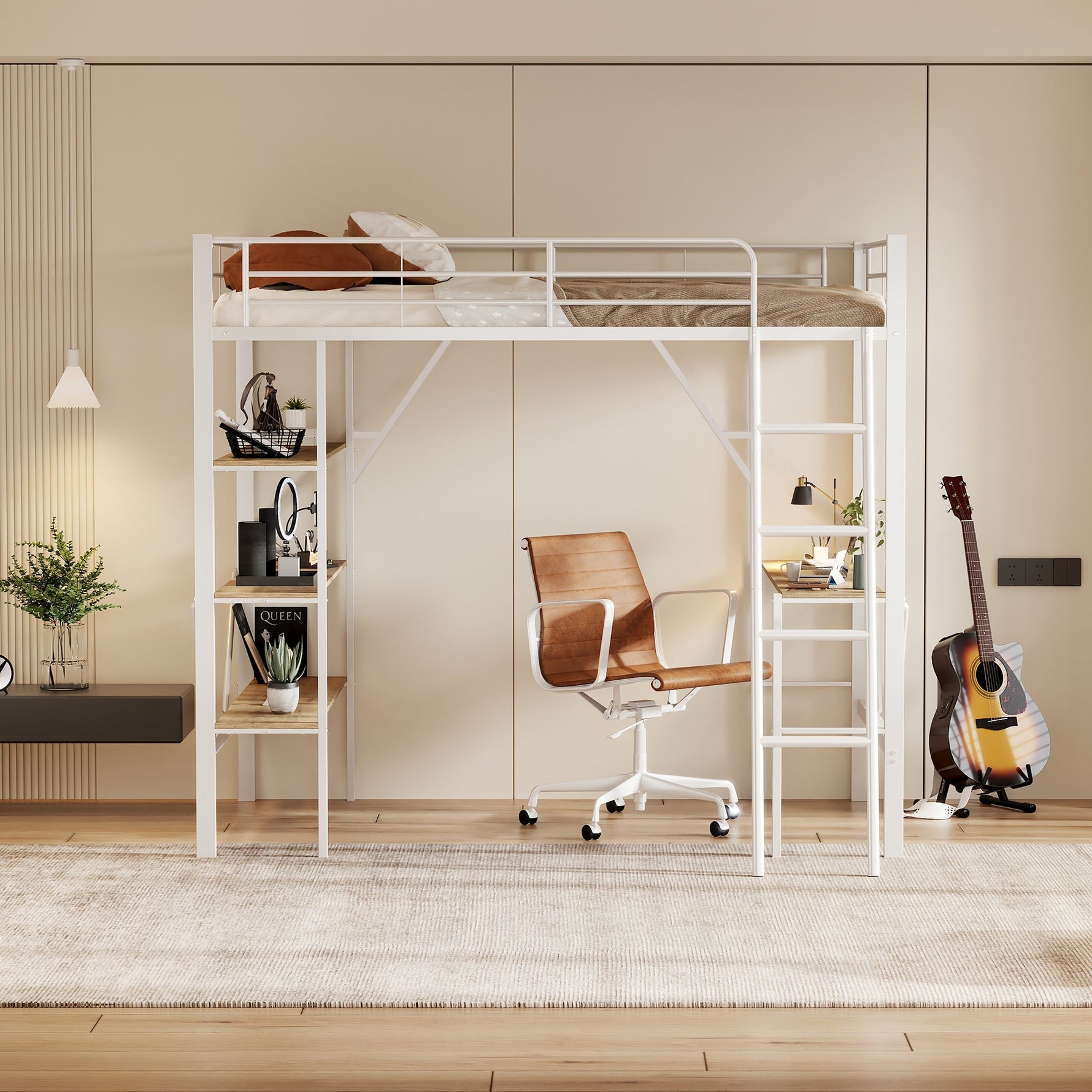 Loft Bed 90x200cm with Desk 3 Shelves - White Metal