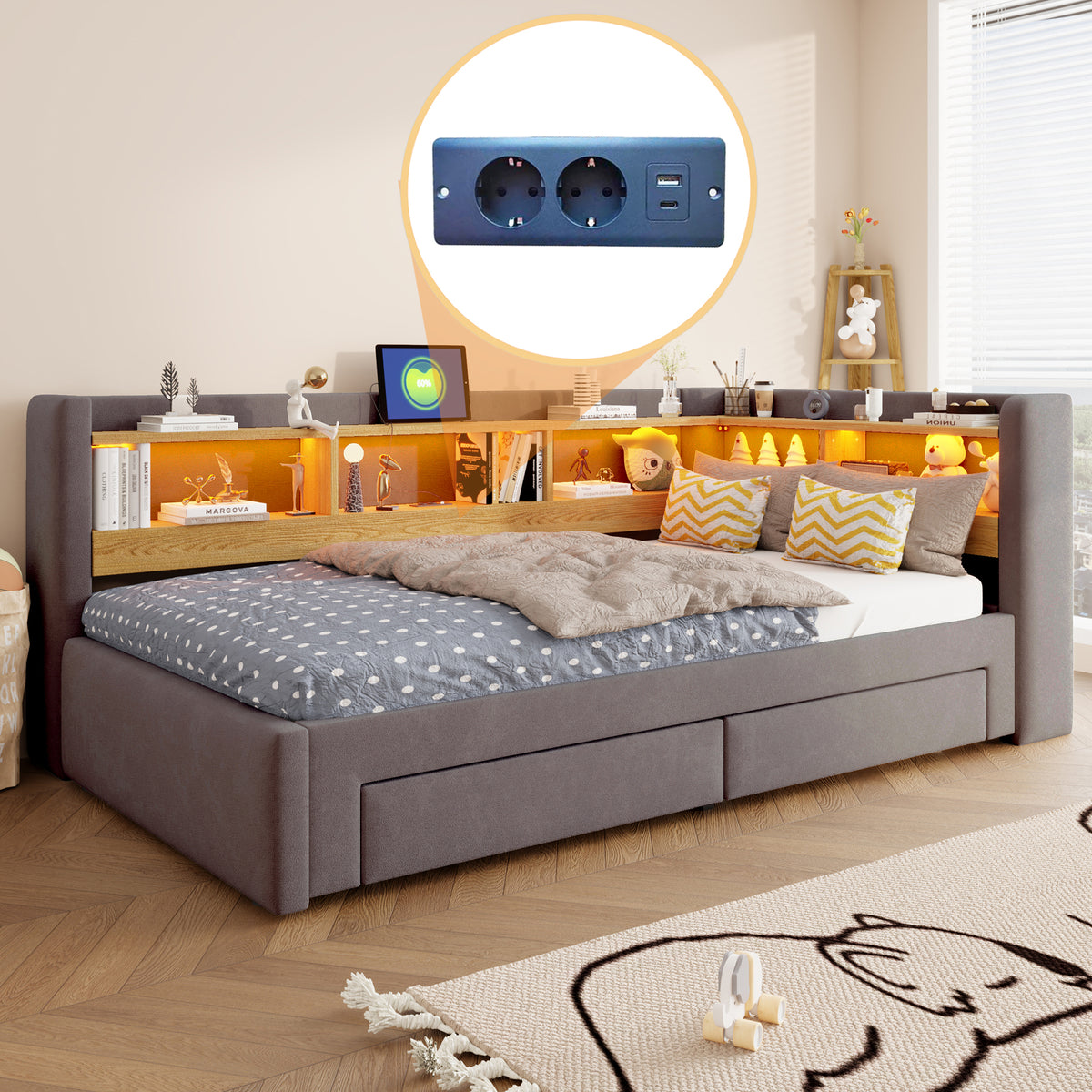 3-in-1 Sofa Daybed 90x200cm Extendable with LED & Drawers