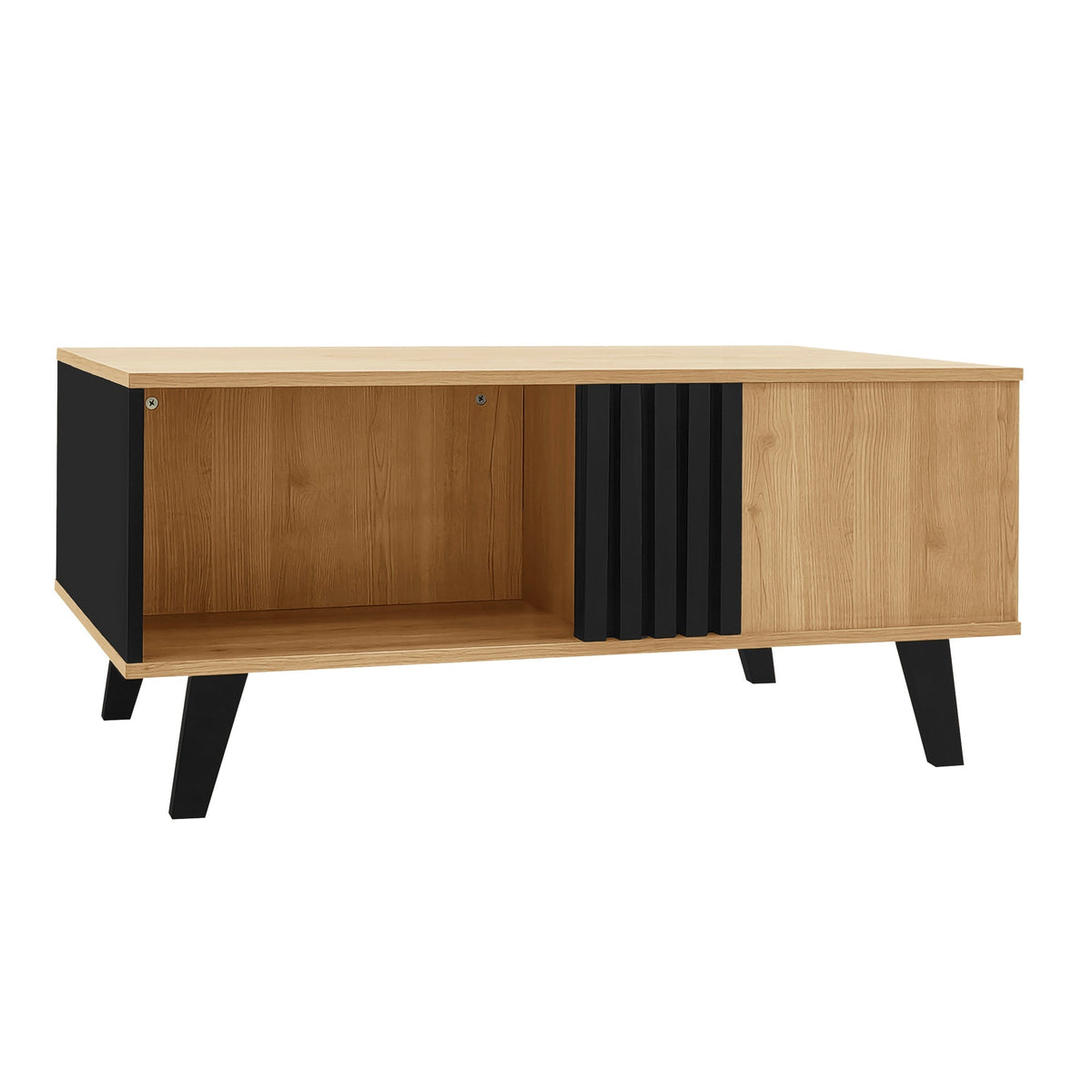 Coffee table with side table and drawer, versatile storage, wood and black design