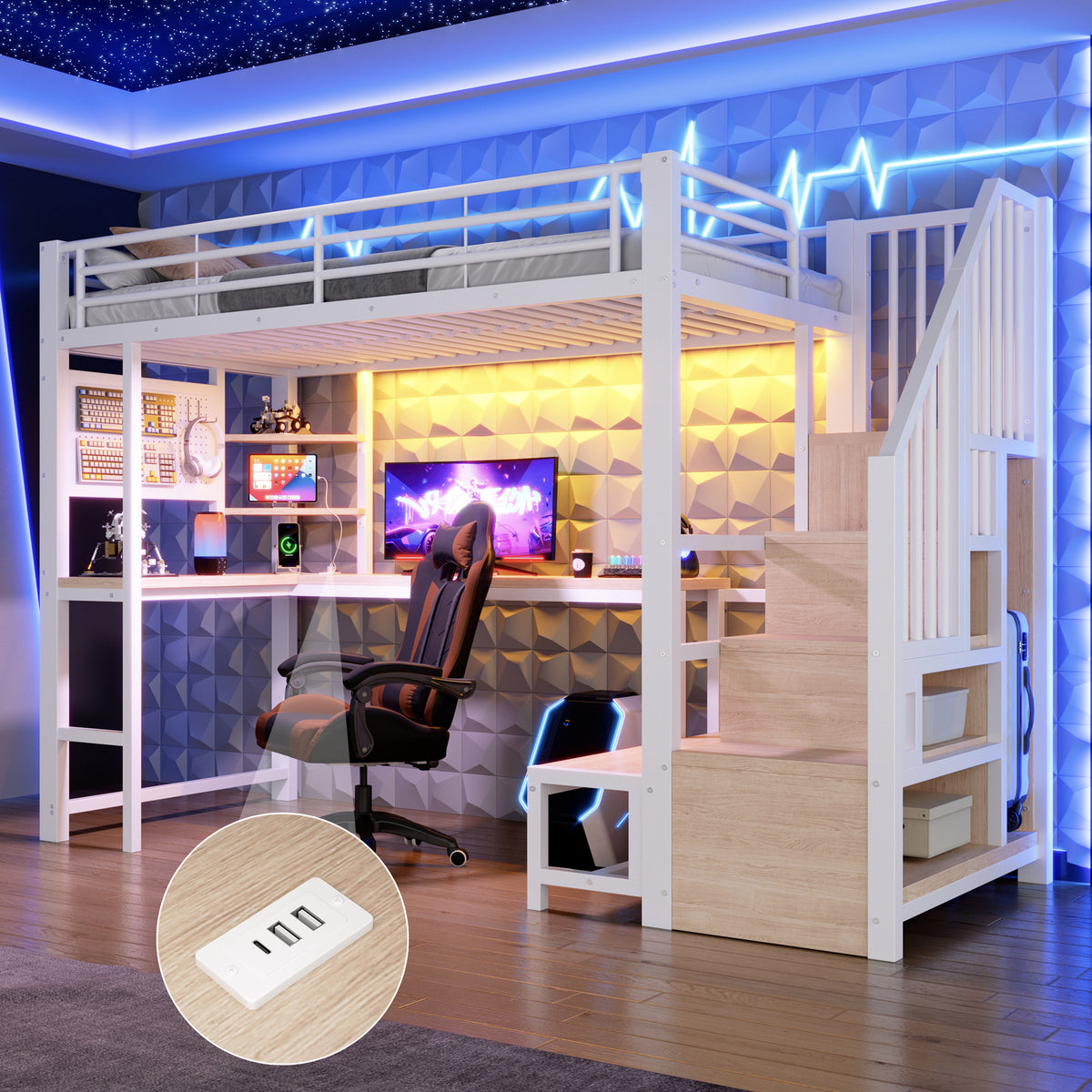Loft Bed 90x200cm with Desk, LED Lighting & Storage - White