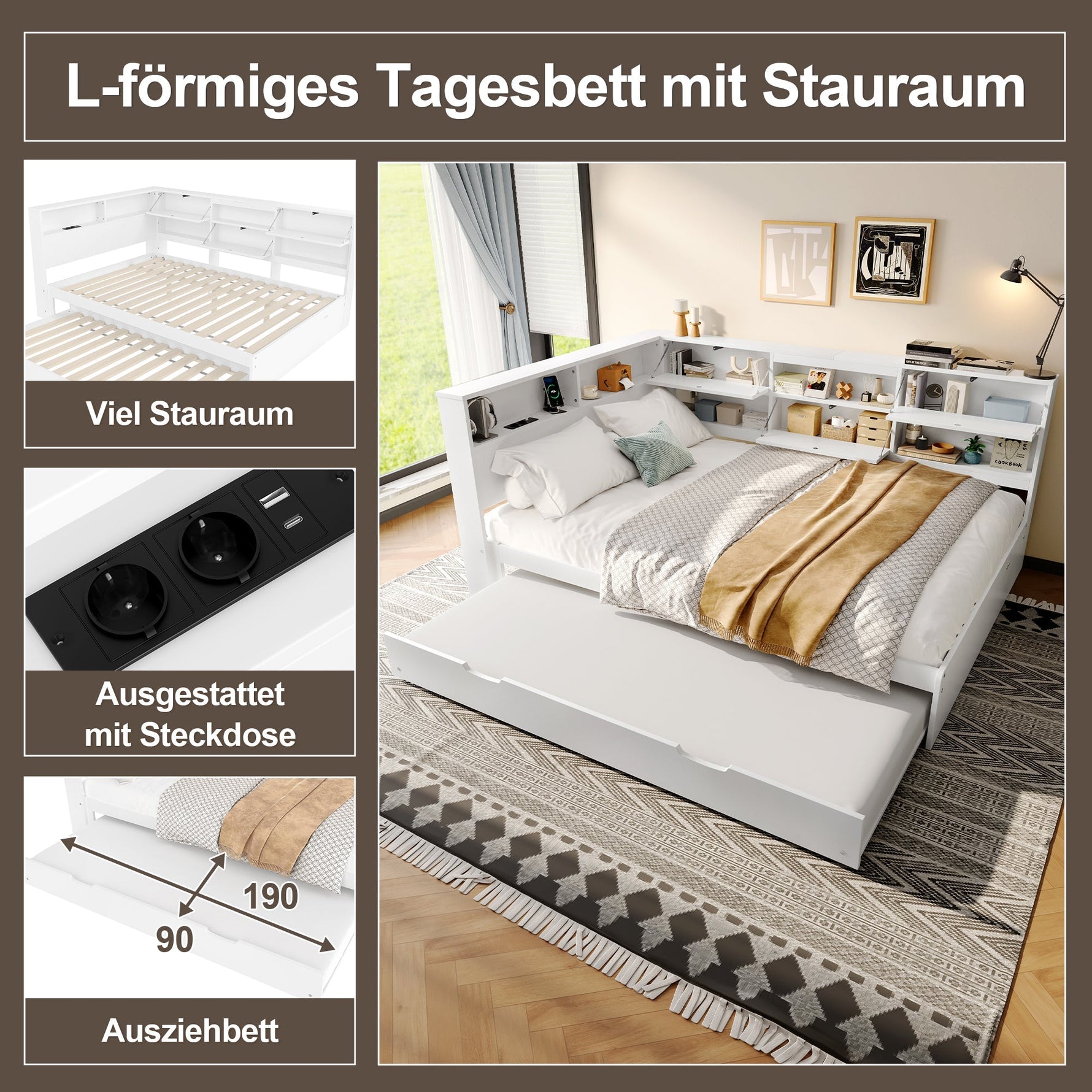 Daybed Sofa Bed with Storage Headboard and Extendable Trundle, 140x200cm, White
