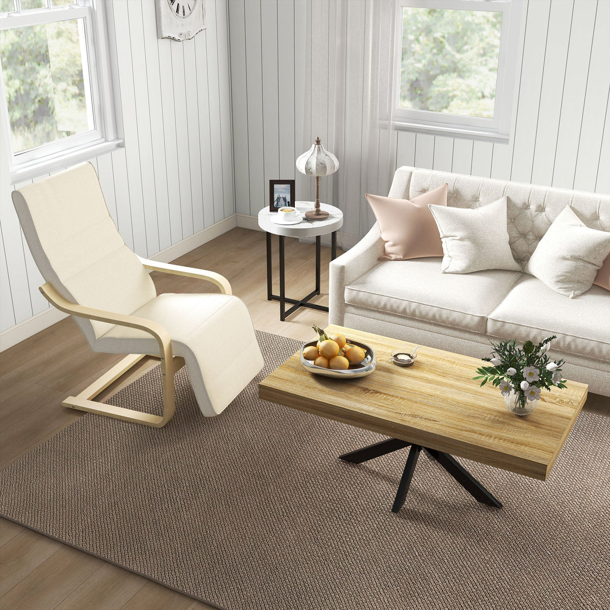 Recliner Chair, Rocking Relaxing with Adjustable Footrest, Birch Wood Cream White