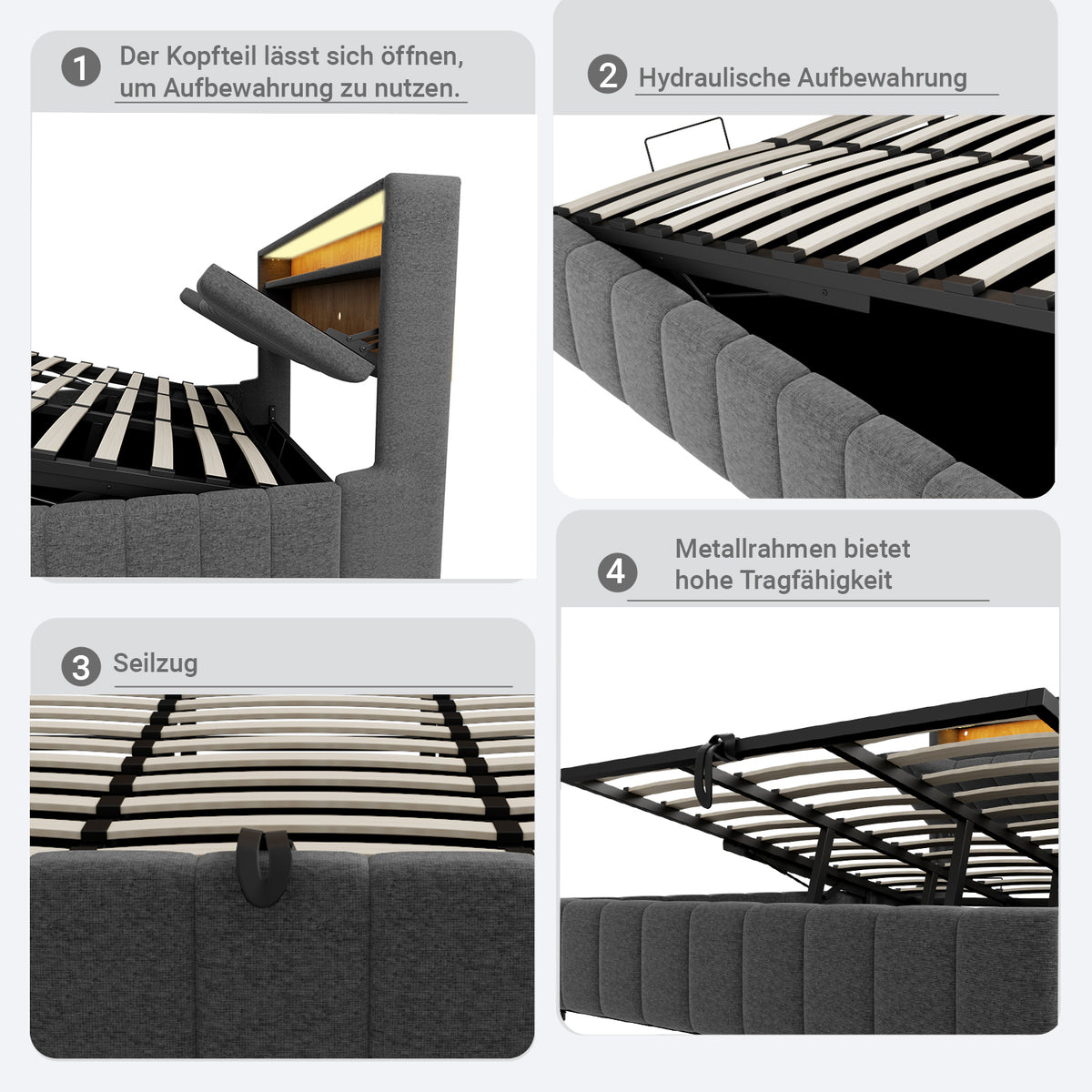 Upholstered Bed 180x200 with Storage & LED Light, Grey Linen