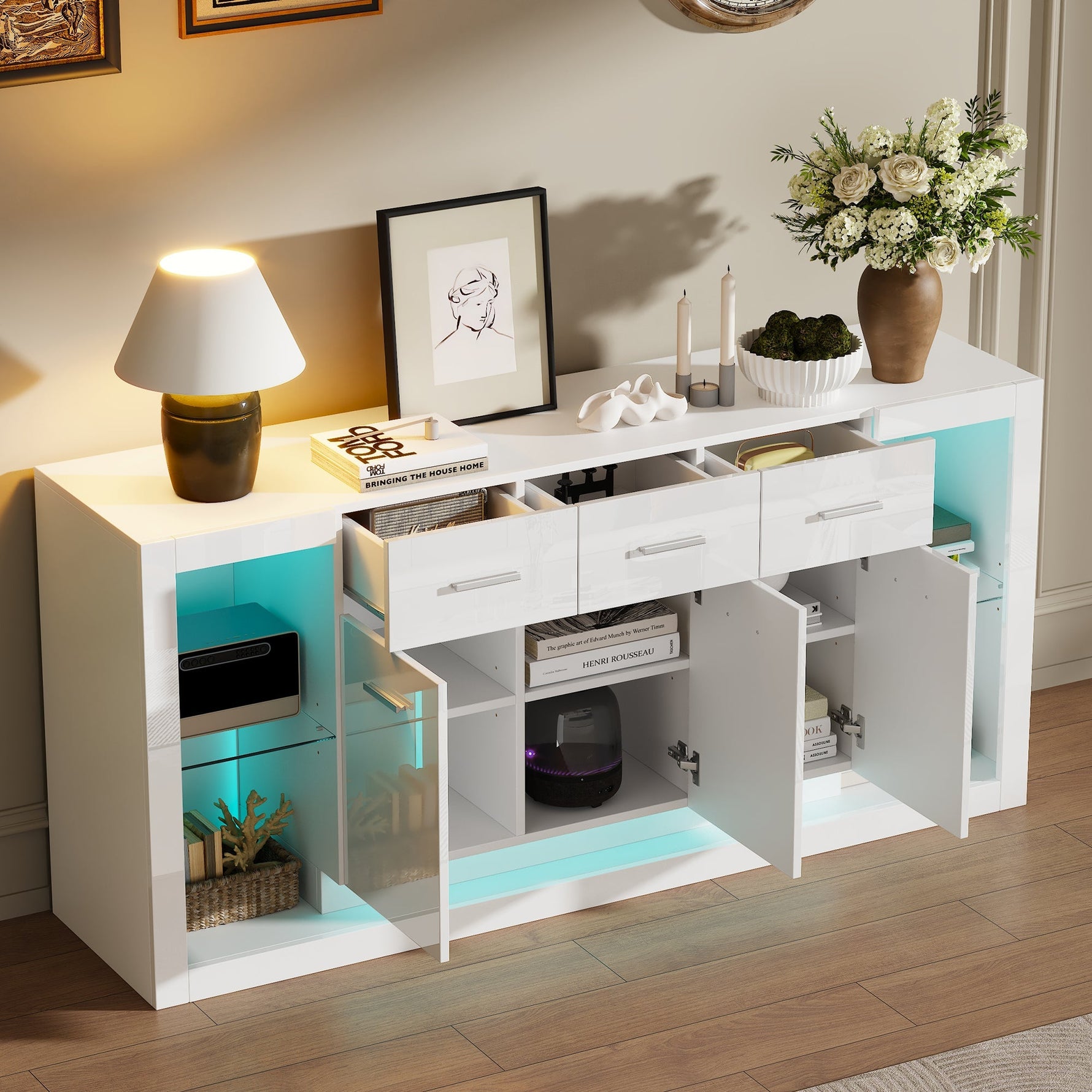 High-Gloss Sideboard 160cm with LED Light and 3 Drawers - White