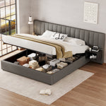 Upholstered Bed 180x200cm Hydraulic Storage 2 Bedside Tables - Linen Grey/Black