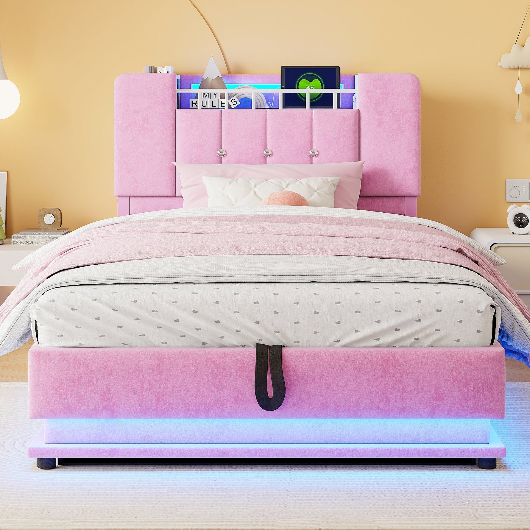 Smart Upholstered Bed for Children with LED, USB, and Hydraulic Storage, Pink Velvet