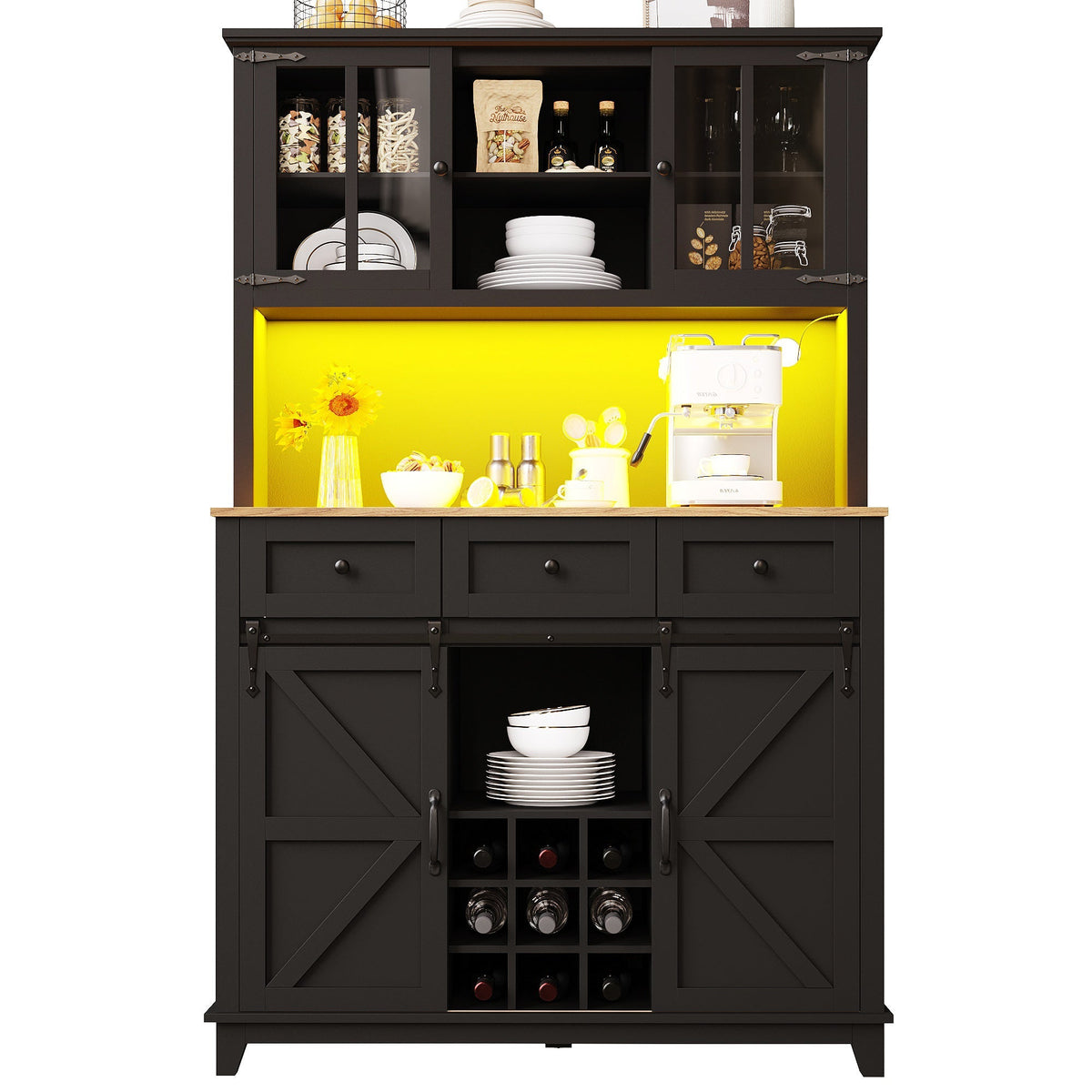 Tall Kitchen Cabinet with LED Lighting and Adjustable Shelves, Black