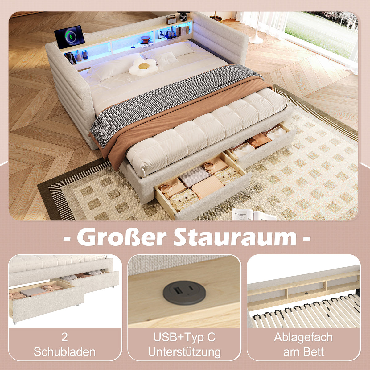 Daybed Sofa Bed 90x190cm Pull-Out Drawers USB LED, Beige Velvet