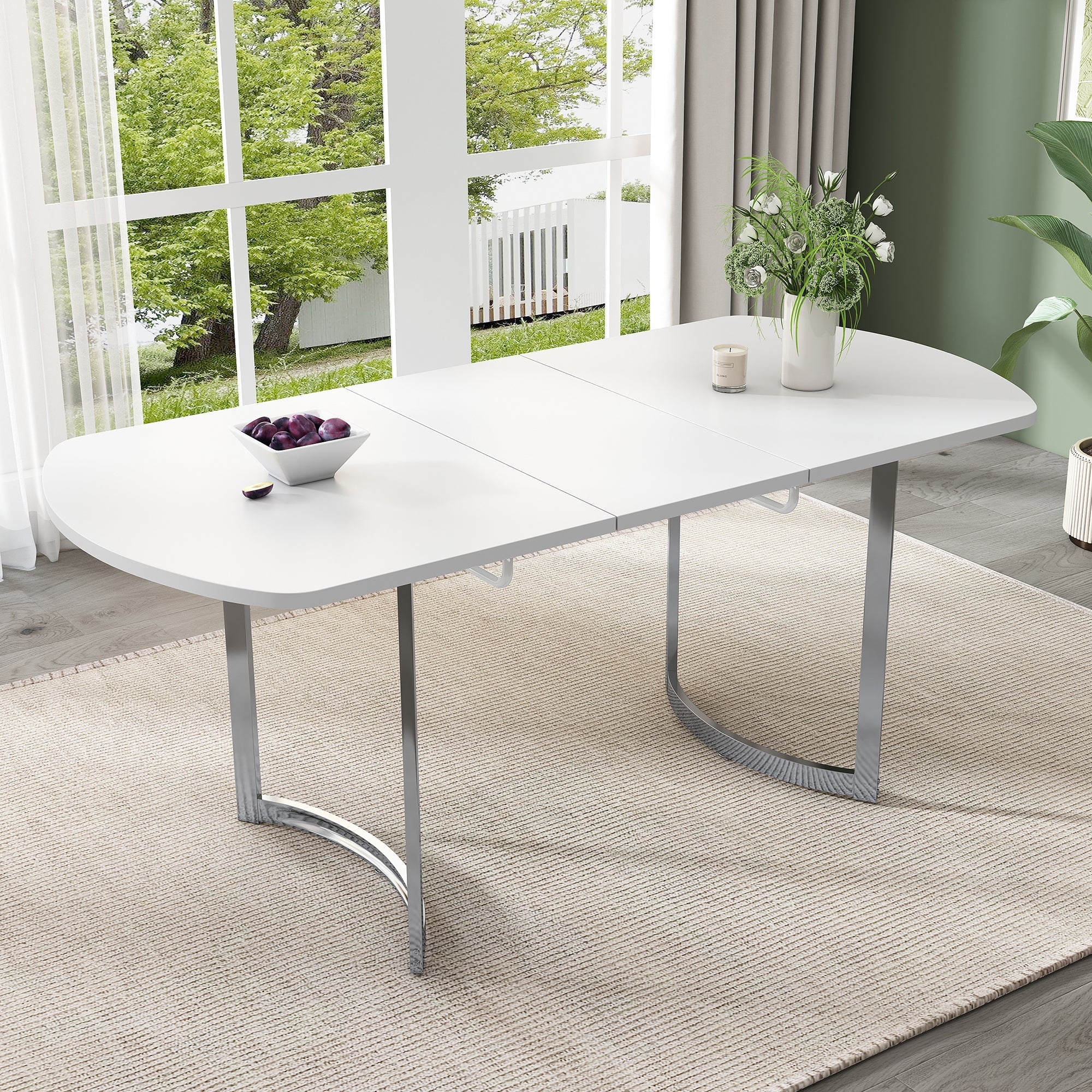 Extendable Dining Table 140/180x80cm 4-6 Seater Modern Silver Metal Legs - White