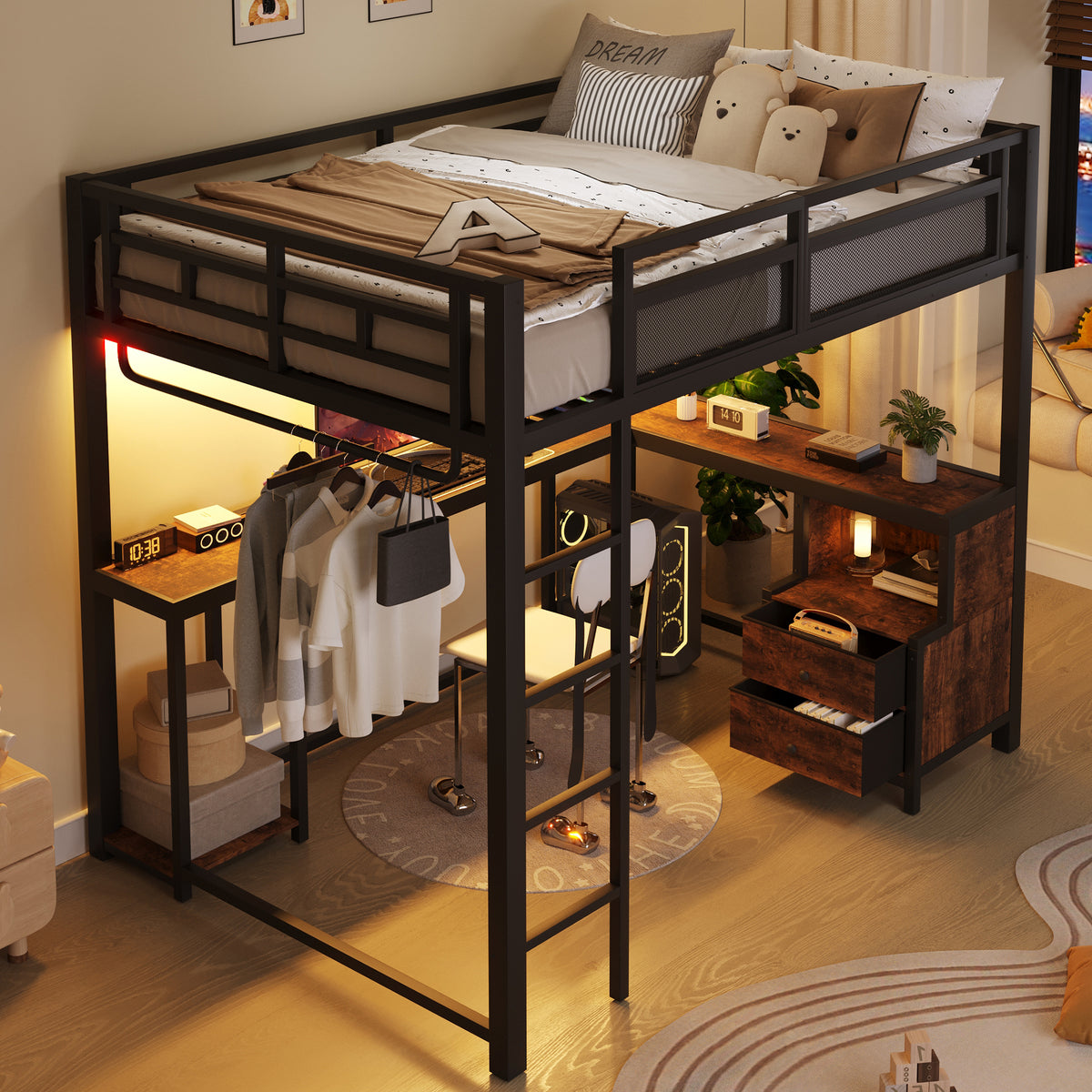 Metal Loft Bed 140x200cm with Desk, LED & Storage, Metal