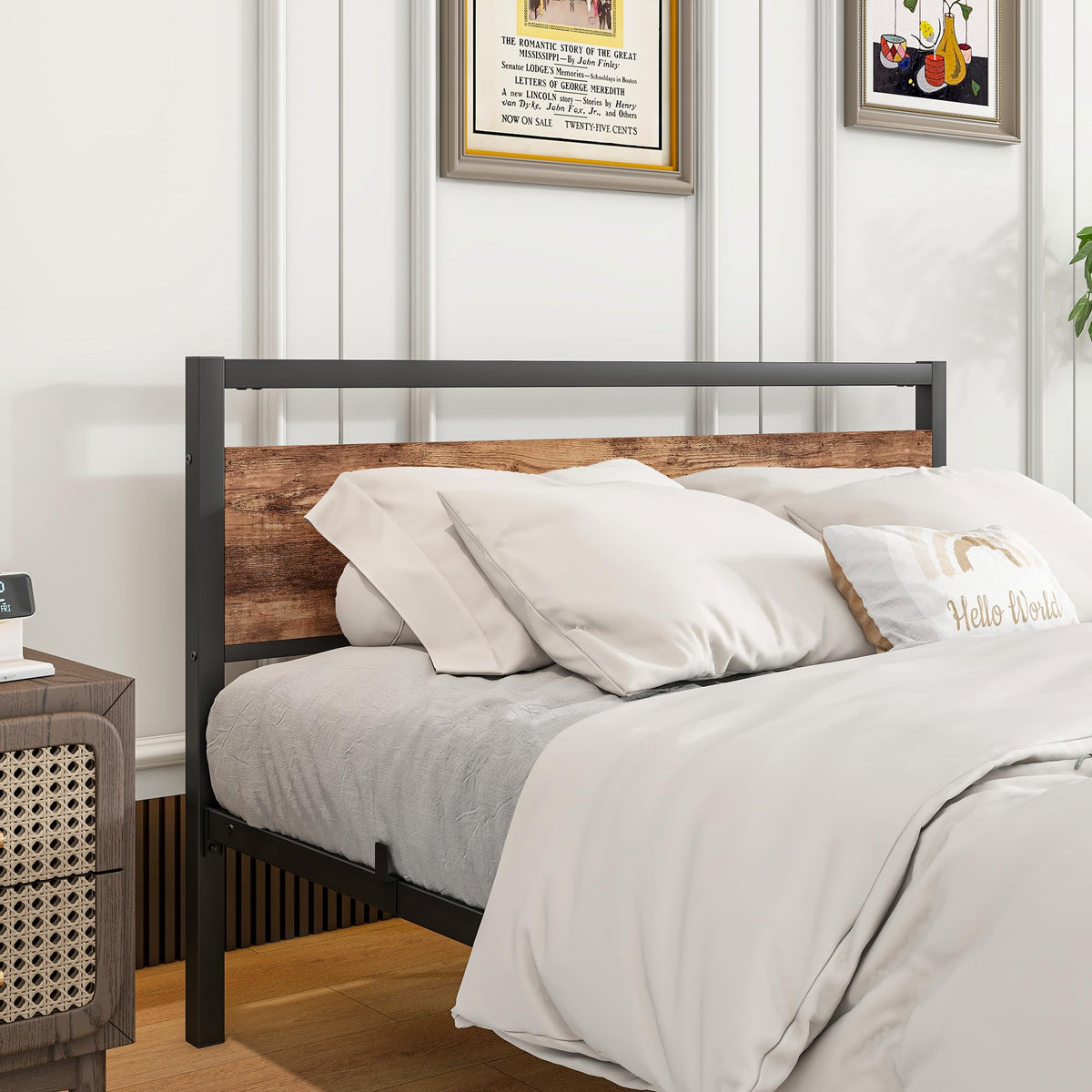 Bed Frame 140x200 cm with Slatted Base & Storage, Metal & Wood