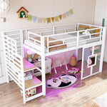 Loft Bed 90x200cm with Stairs, Storage & LED Light, White Metal