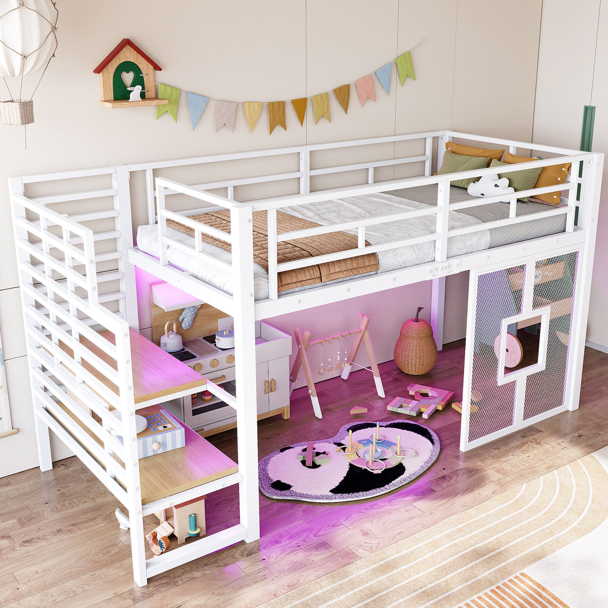 Loft Bed 90x200cm with Stairs, Storage & LED Light, White Metal