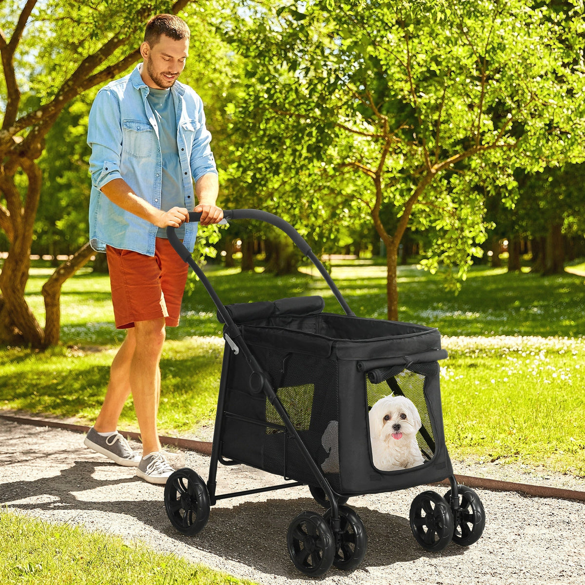 Dog Stroller, Foldable Buggy Mesh Window, Oxford Fabric Black