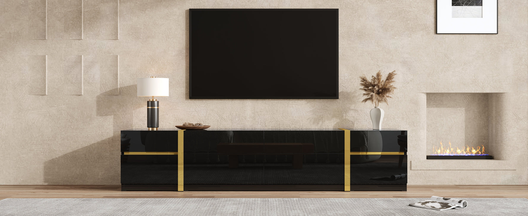 Luxurious TV Stand with Drawers and Doors, Modern High-Gloss Finish, Gold Edges