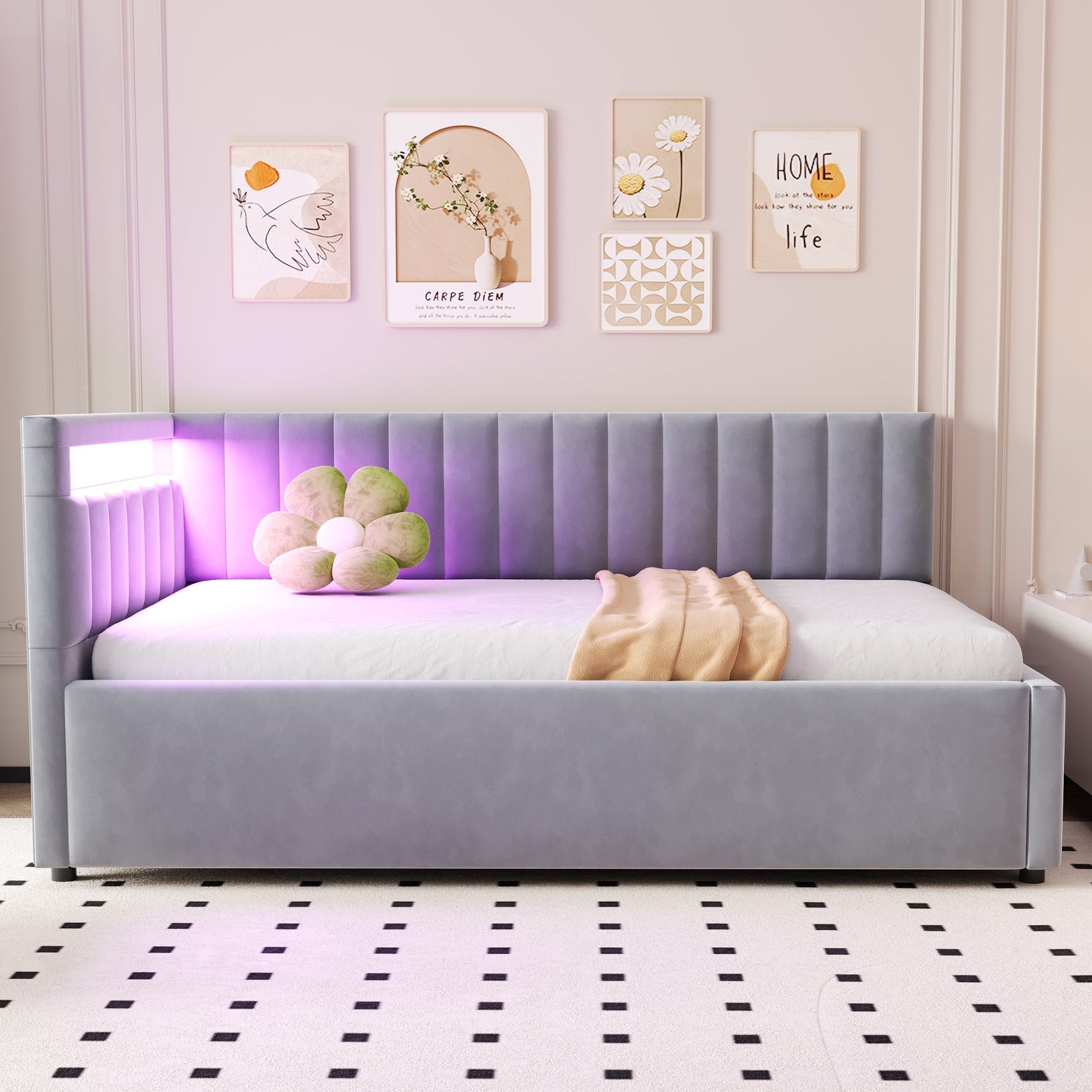 Upholstered Sofa Bed 90x200 with LED Lighting & Hydraulic Storage, Light Grey Velvet