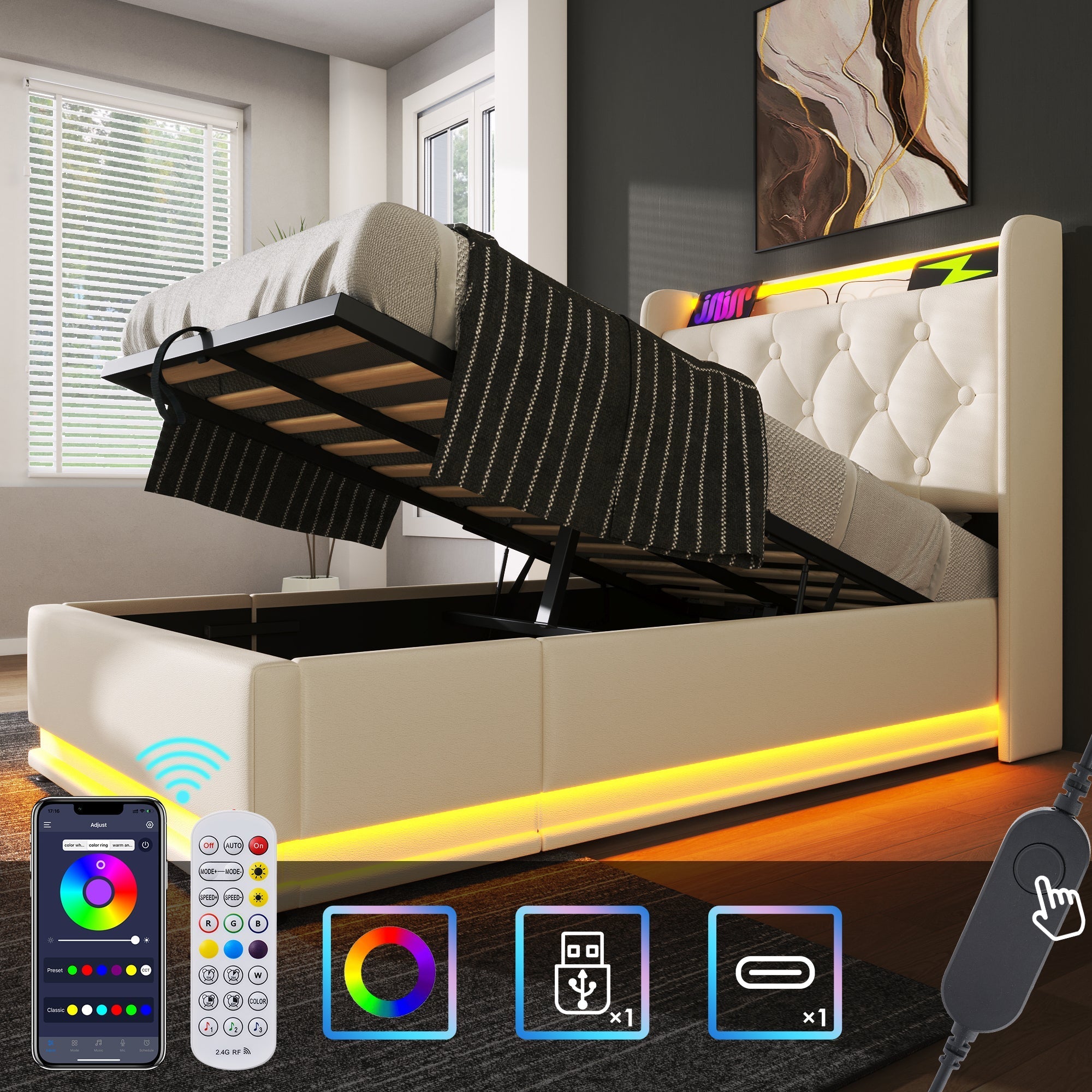 Upholstered Single Bed, 360° LED, Hydraulic Storage, USB-C Charging, White PU