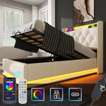 Upholstered Single Bed, 360° LED, Hydraulic Storage, USB-C Charging, White PU