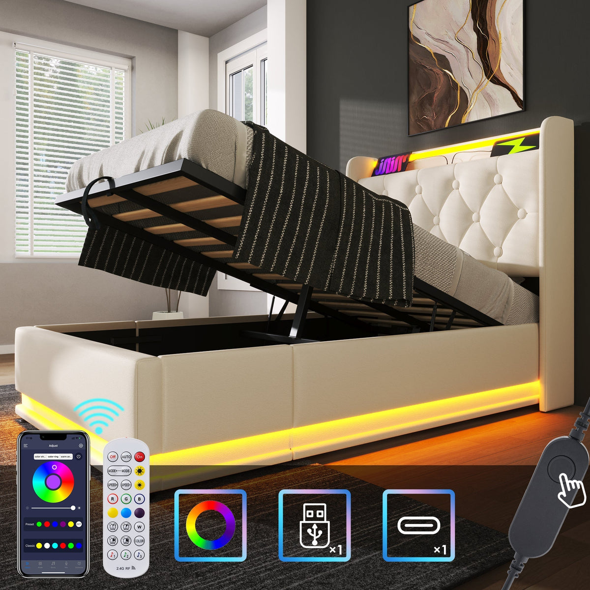 Upholstered Single Bed, 360° LED Hydraulic Storage, USB Type-C, White PU Leather