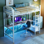 Loft Bed 90x200cm with Desk, Multi-Tiered Shelf, Ladder, USB, and LED Lights, Metal White