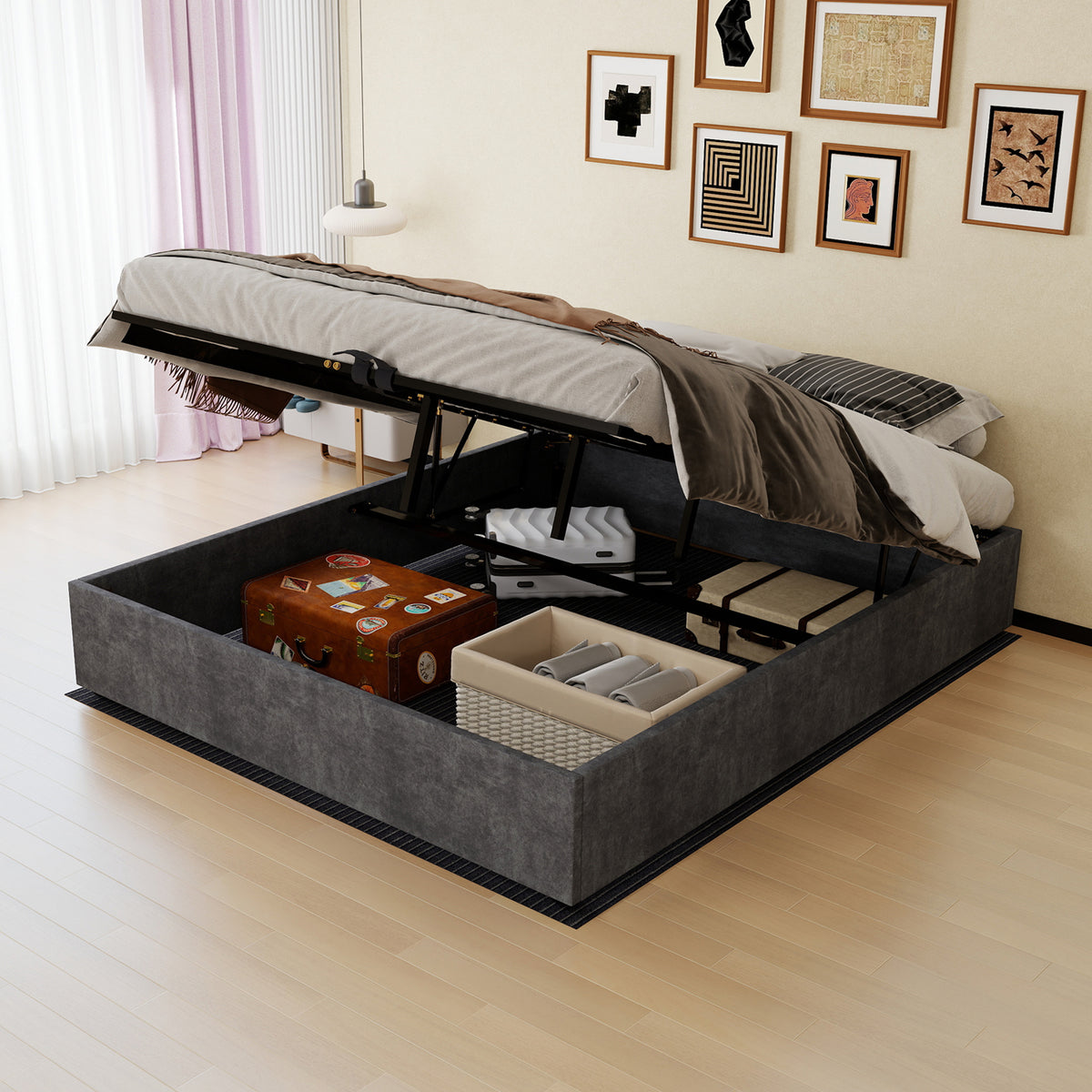 Modern Minimalist Bed Frame 160x200 with Mattress, Gray Velvet