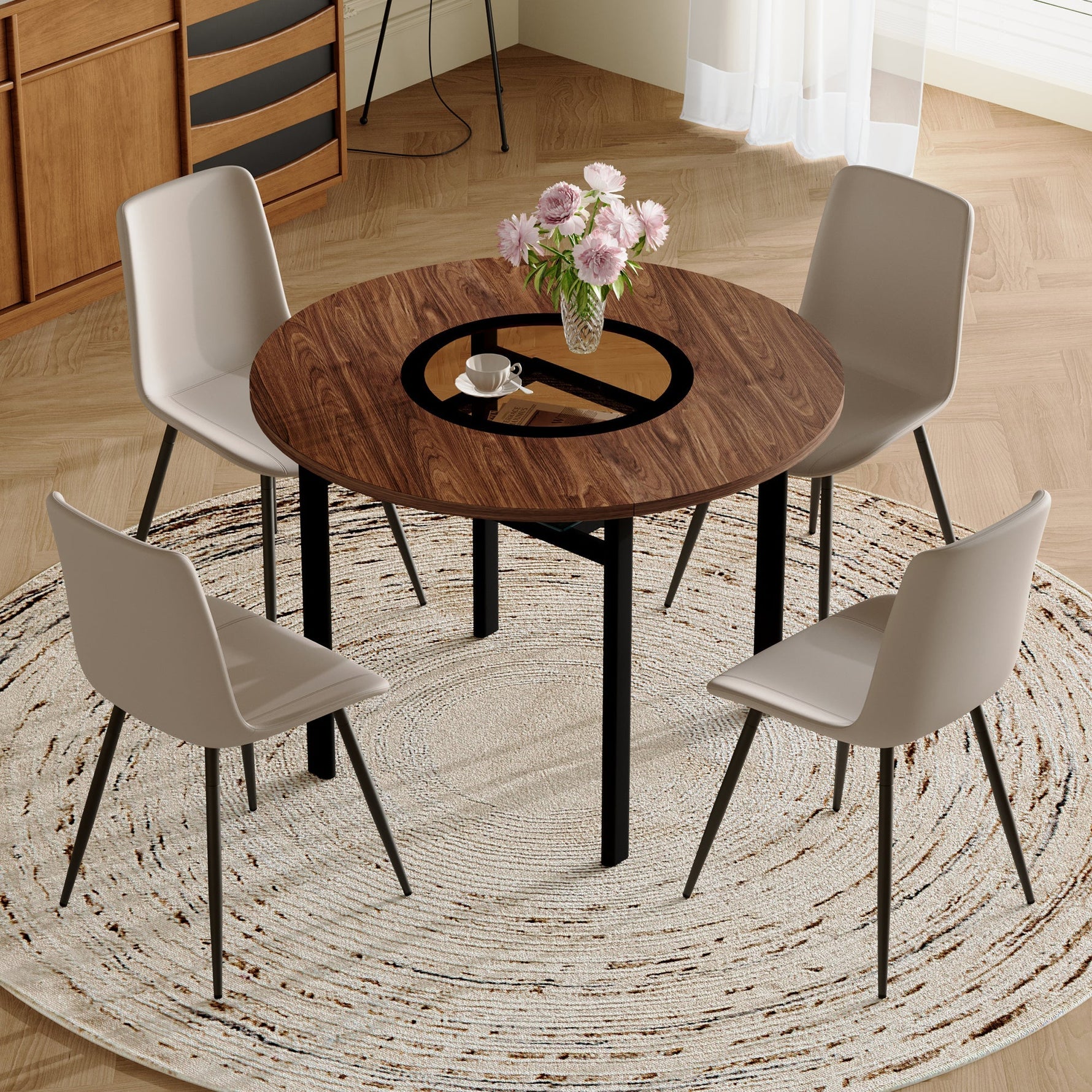 Round Table Set, Modern Minimalist 100cm with Storage and 4 Chairs, Brown Wood Look/Warm Grey PU