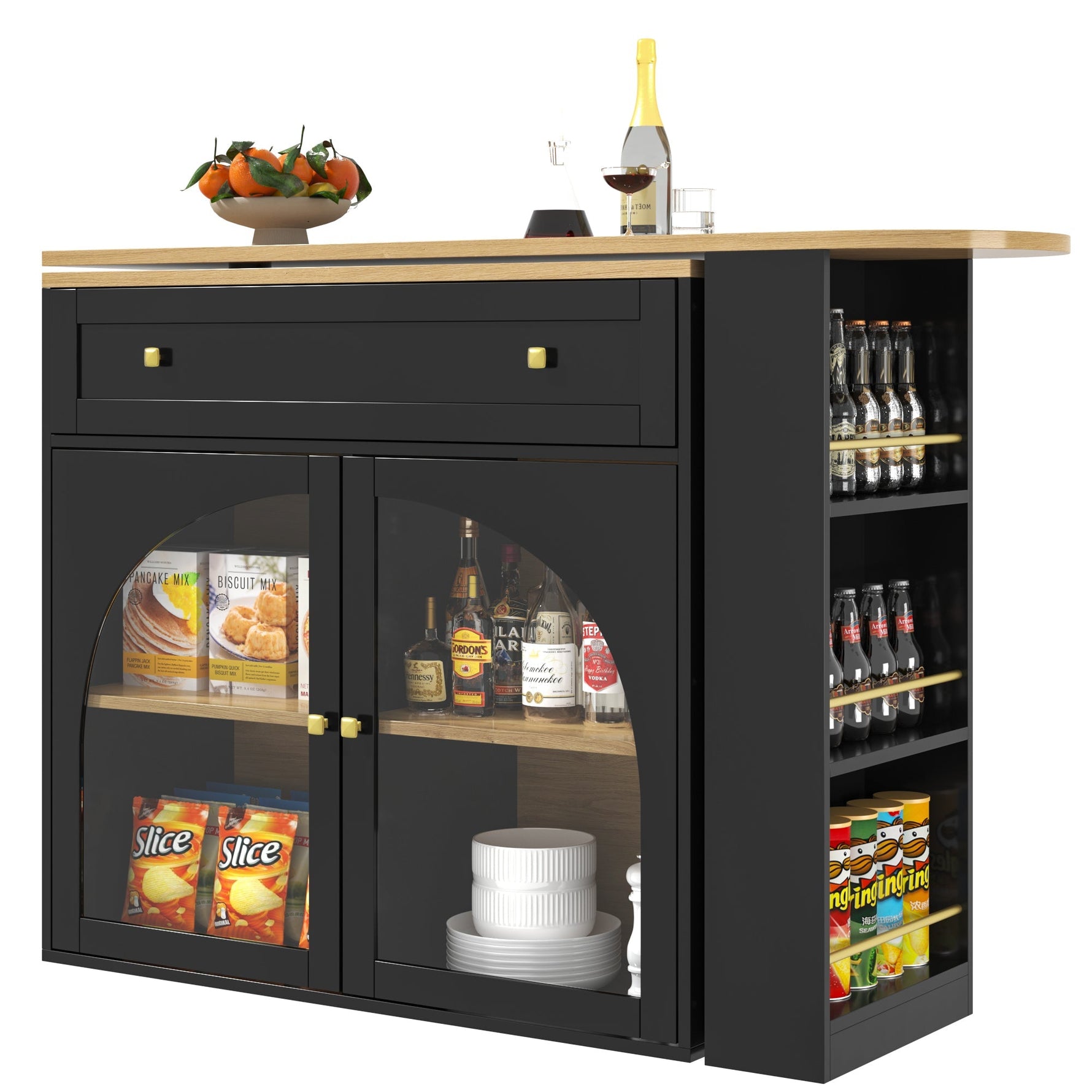 Extendable Bar Table 360° Rotating Storage Shelves Glass - Black