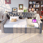 Upholstered Sofa Bed 90x190cm USB Charging Armrest Storage Drawer Light Grey Velvet